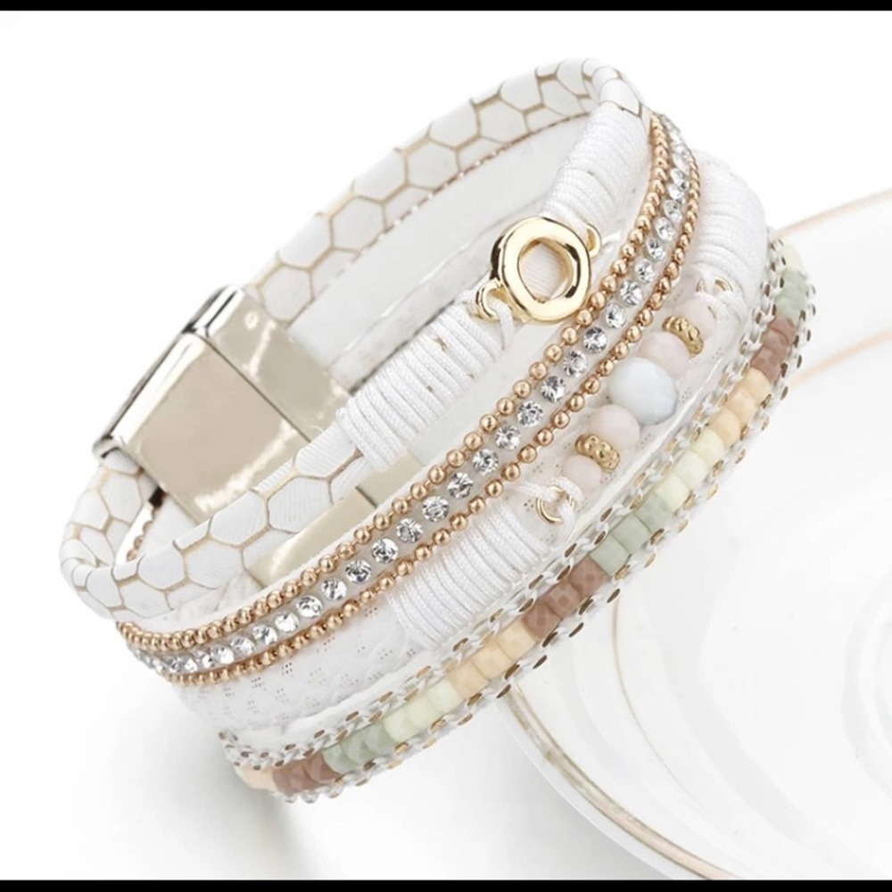 White Multilayer Rhinestone Leather Bracelet